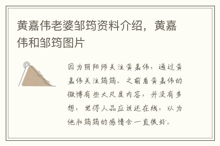 黄嘉伟老婆邹筠资料介绍，黄嘉伟和邹筠图片