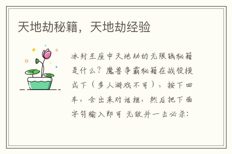 天地劫秘籍，天地劫经验